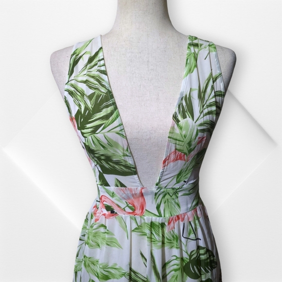 Boohoo Green White&Pink Tropical Vacation Cruise Pool Beach CoverUp Maxi Dress,S - Picture 9 of 13